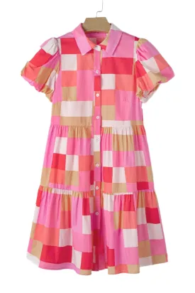 TEEK - Strawberry Color Block Button Up Short Sleeve Dress