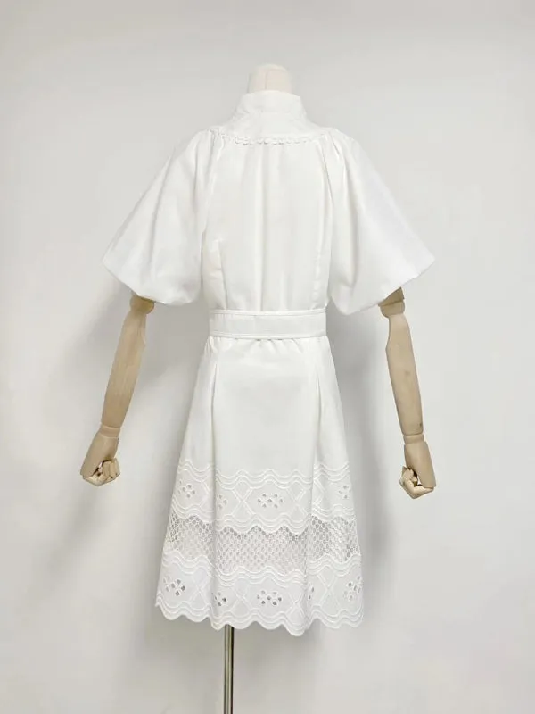 TEEK - White V-neck Puff Sleeves Waistband Short Dress