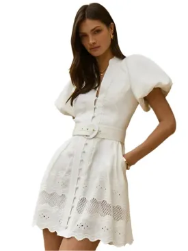 TEEK - White V-neck Puff Sleeves Waistband Short Dress