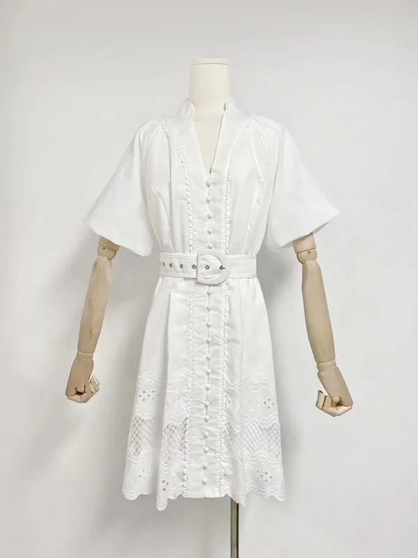 TEEK - White V-neck Puff Sleeves Waistband Short Dress