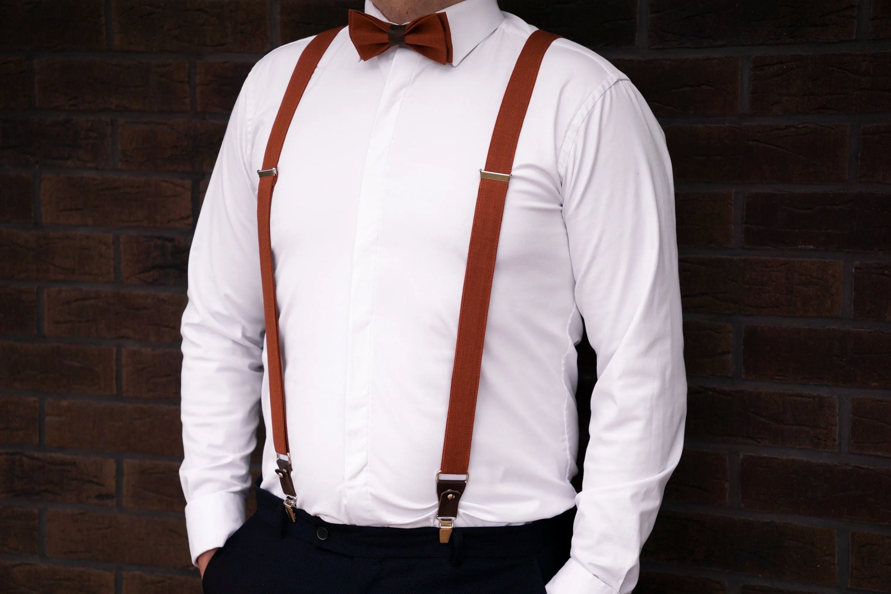 Terracotta Linen Bow Tie and Pocket Square Set - Handmade Accessories for Boys and Men - Perfect for Weddings, Formal Events