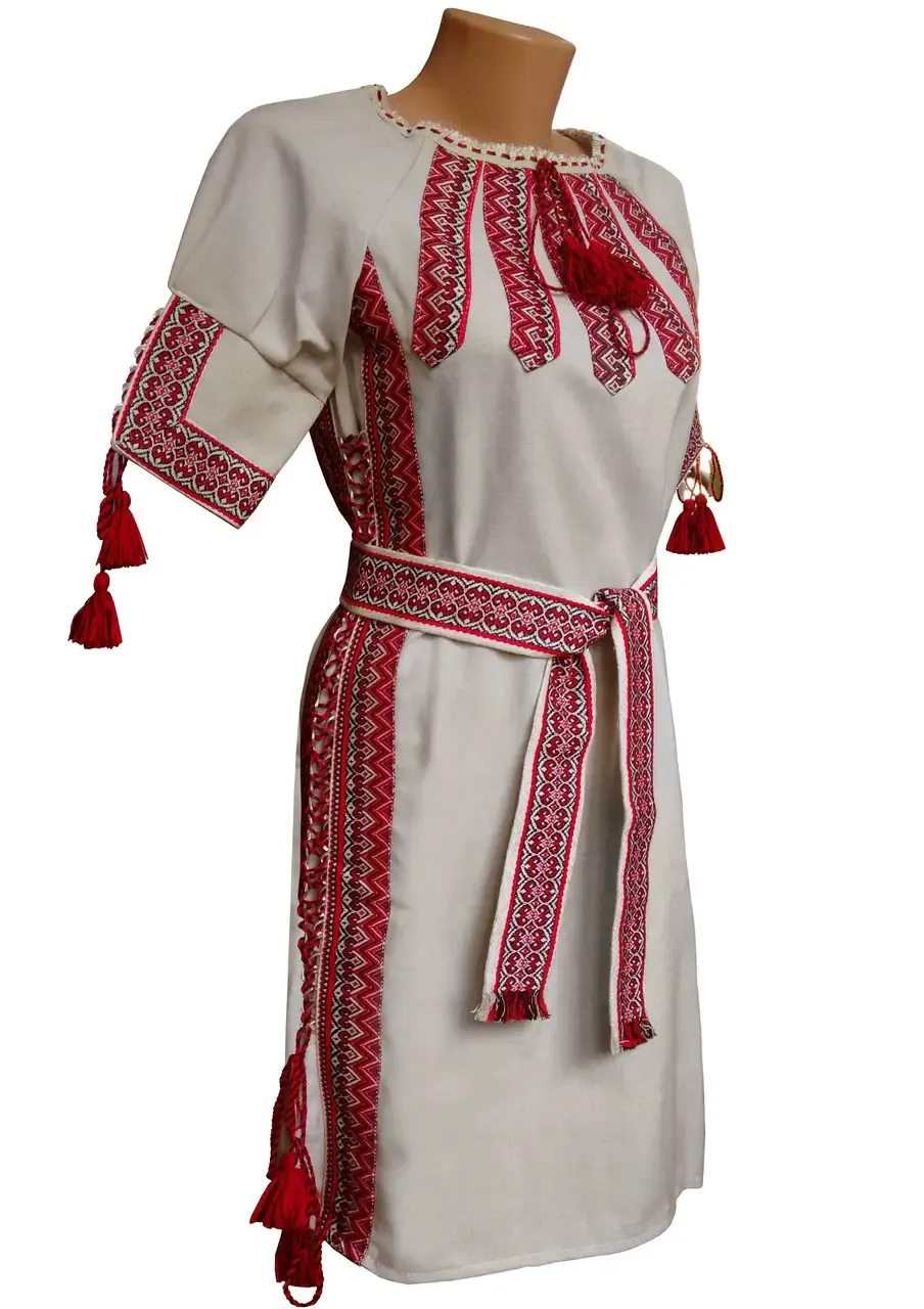 Ukrainian linen vyshyvanka dress with a belt