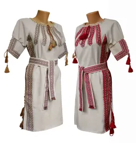 Ukrainian linen vyshyvanka dress with a belt