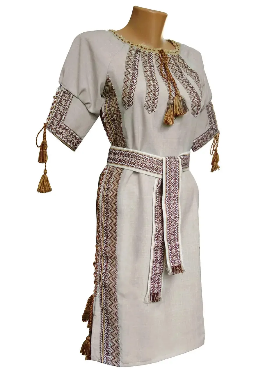Ukrainian linen vyshyvanka dress with a belt