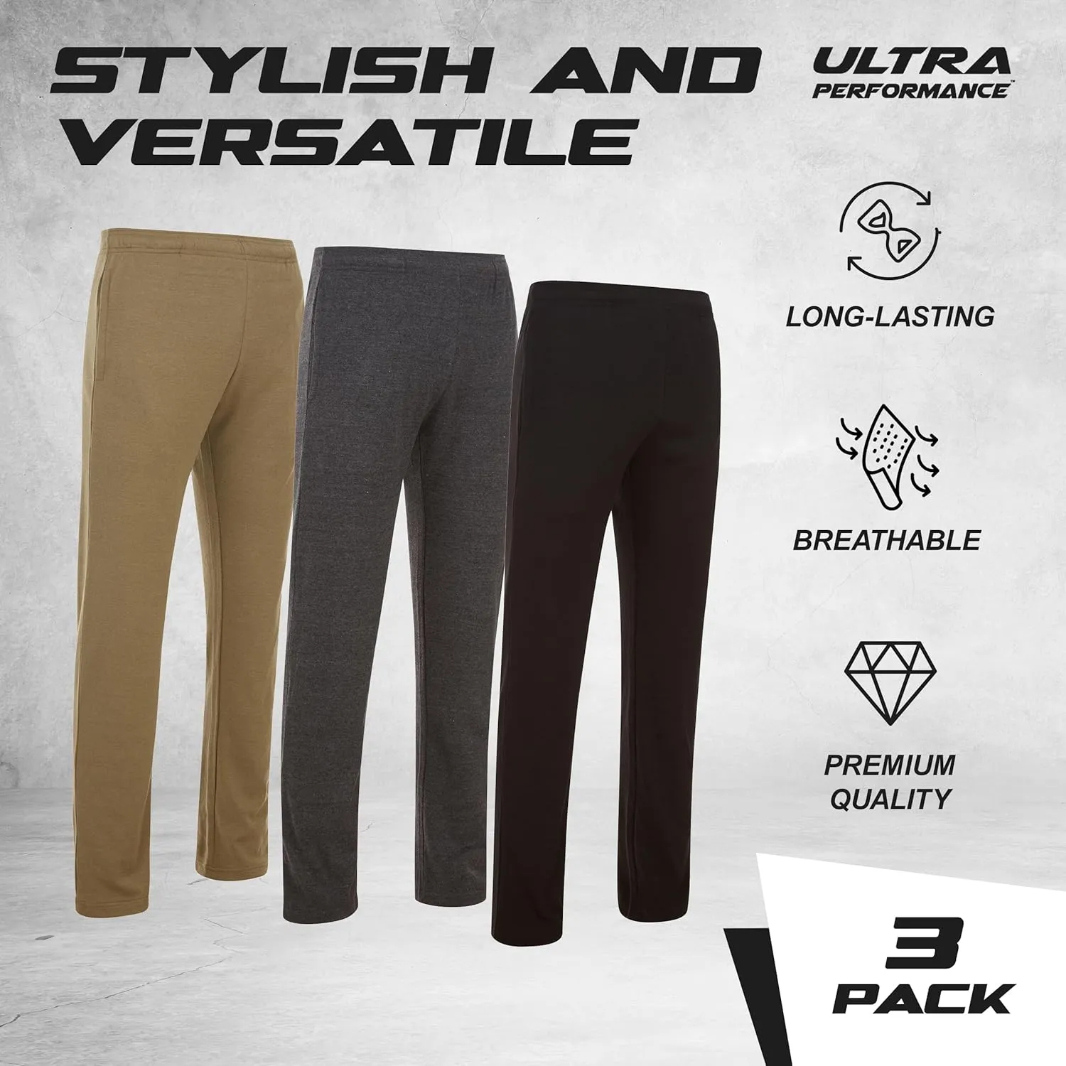 Ultra Performance 3 Pack Mens Sweatpants, Wide Leg Open Bottom Lounge Sweat Pants for Men