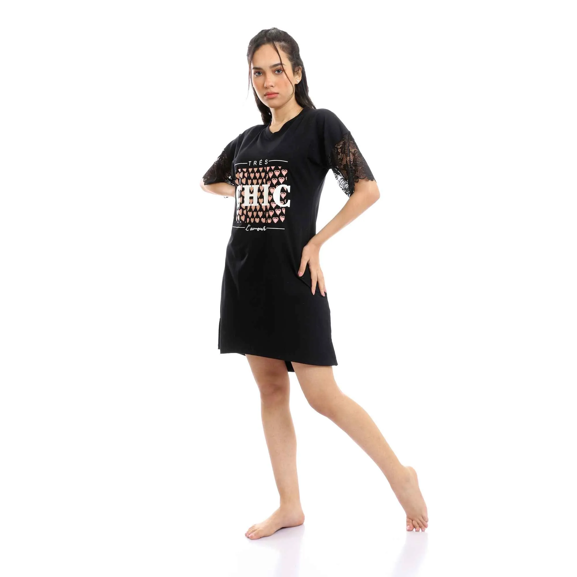 V-Neck Printed Black Nightgown With Lace Sleeves