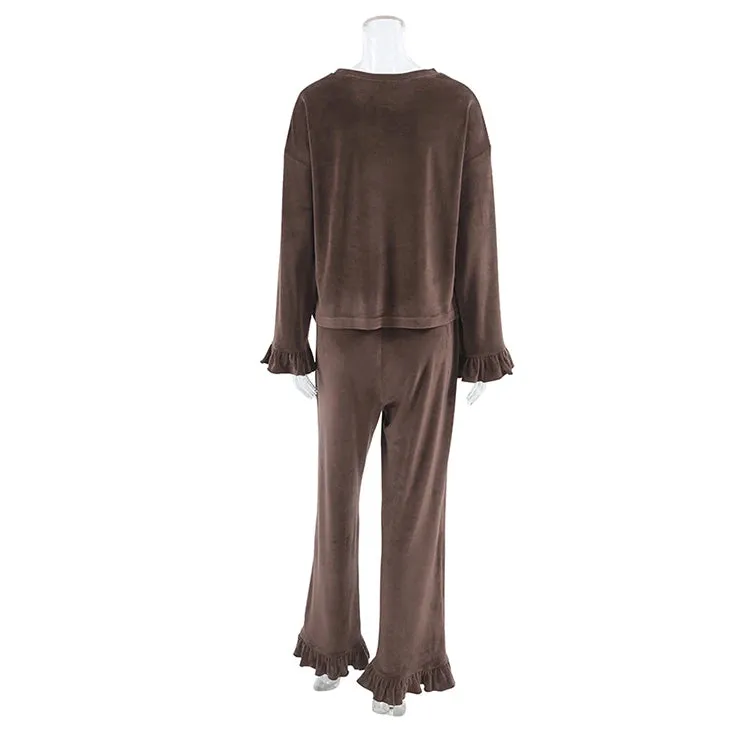 Velour Loungewear Frilled Pajama Set 2 Piece Velvet Pants & Top