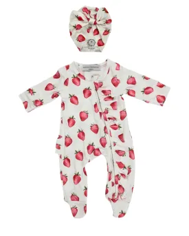 White Strawberry Frill Detailed Sleepsuit   White Strawberry Print Bow Turban Hat set