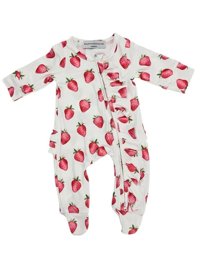 White Strawberry Frill Detailed Sleepsuit   White Strawberry Print Bow Turban Hat set