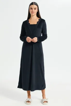 Women Black V-Neck Lace Velvet Nightgown