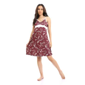Women Deep V-Neck Patterned Slip On Nightgown - Maroon