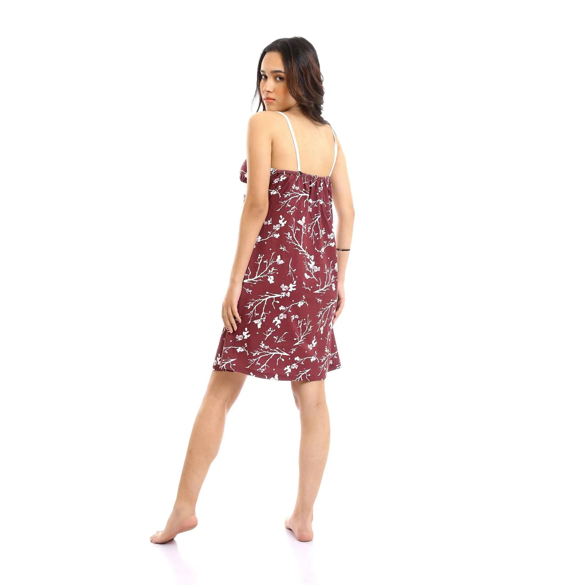 Women Deep V-Neck Patterned Slip On Nightgown - Maroon
