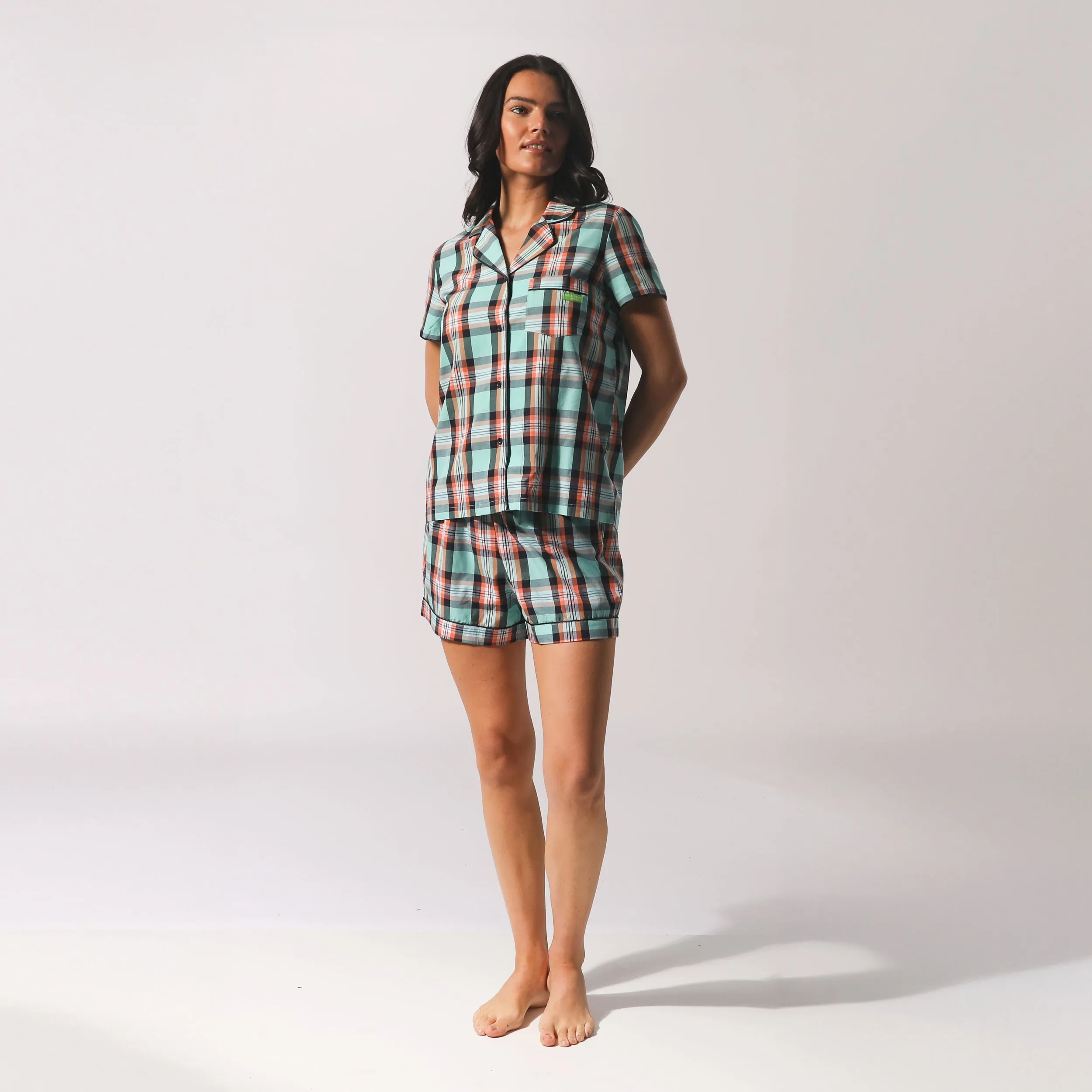 Women's Beachy Check Woven Shortie Pyjama Set - Sky Blue