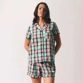 Women's Beachy Check Woven Shortie Pyjama Set - Sky Blue