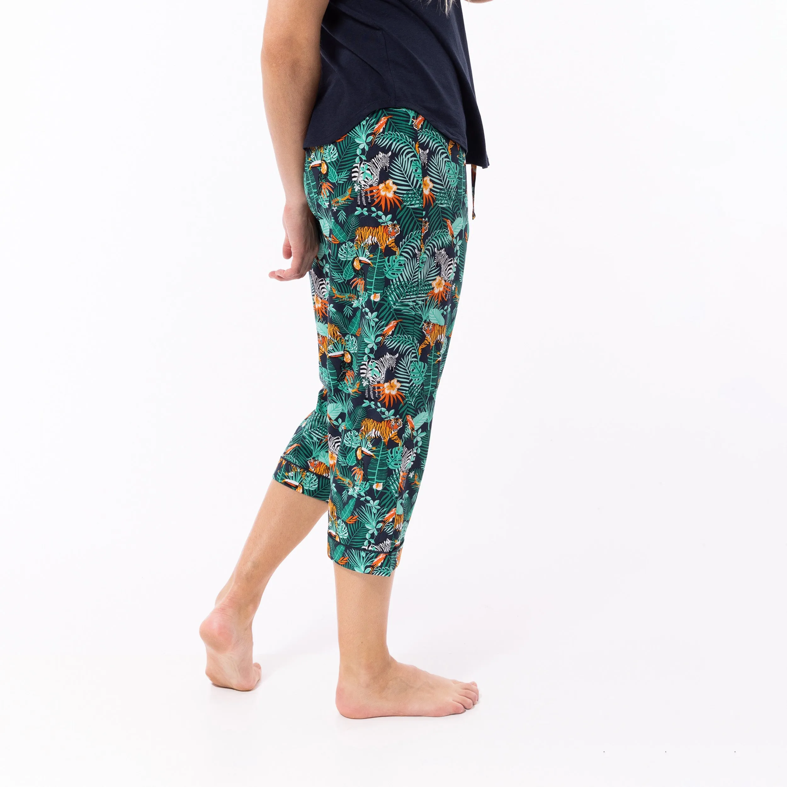 Women's Dark Jungle Woven Pant and Knit Tee Pyjama Set - Navy