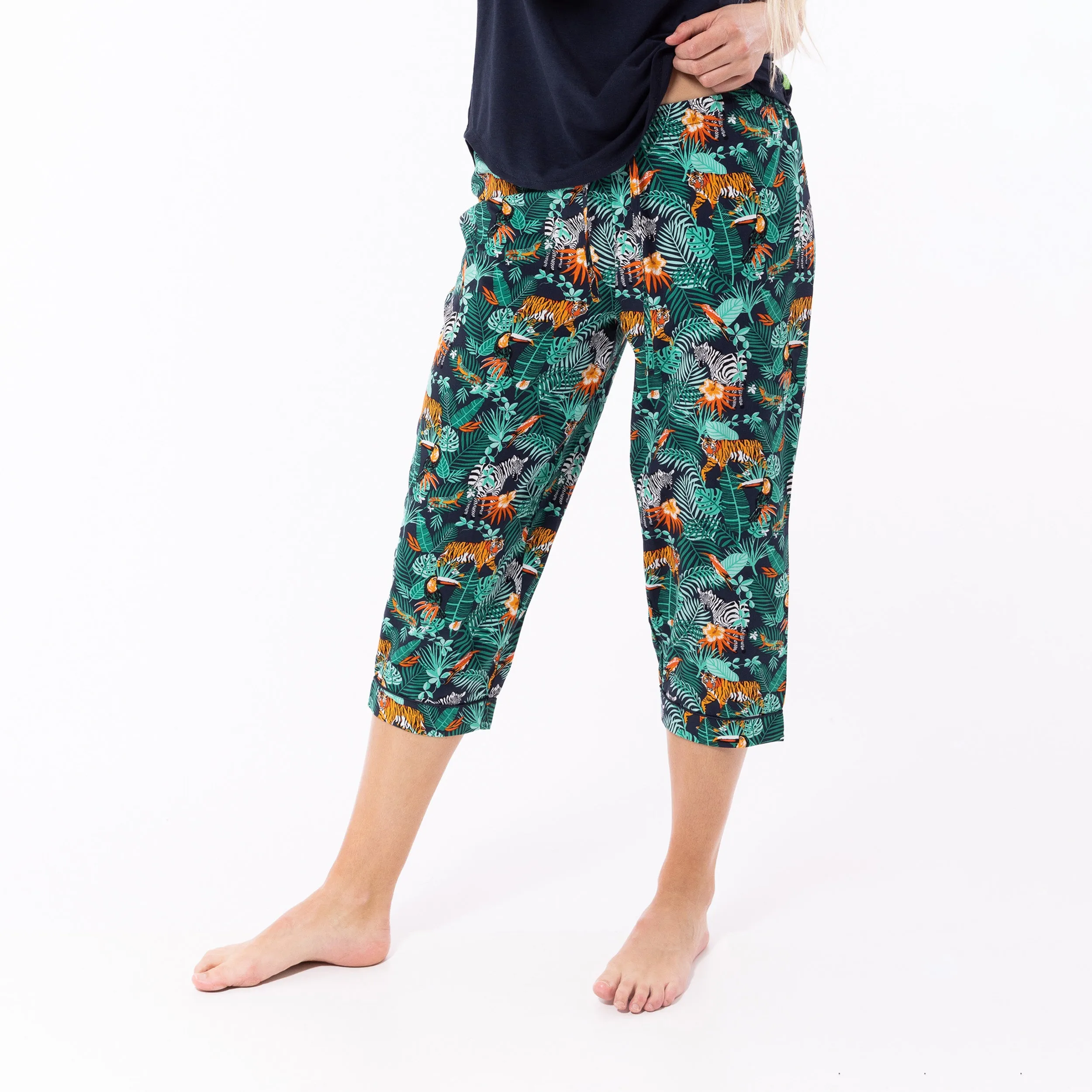 Women's Dark Jungle Woven Pant and Knit Tee Pyjama Set - Navy