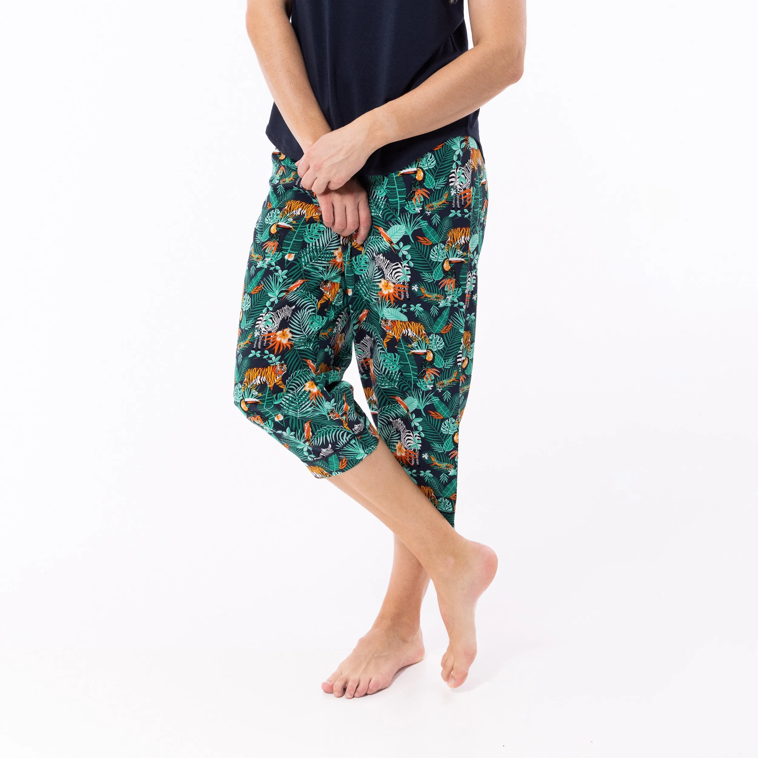 Women's Dark Jungle Woven Pant and Knit Tee Pyjama Set - Navy