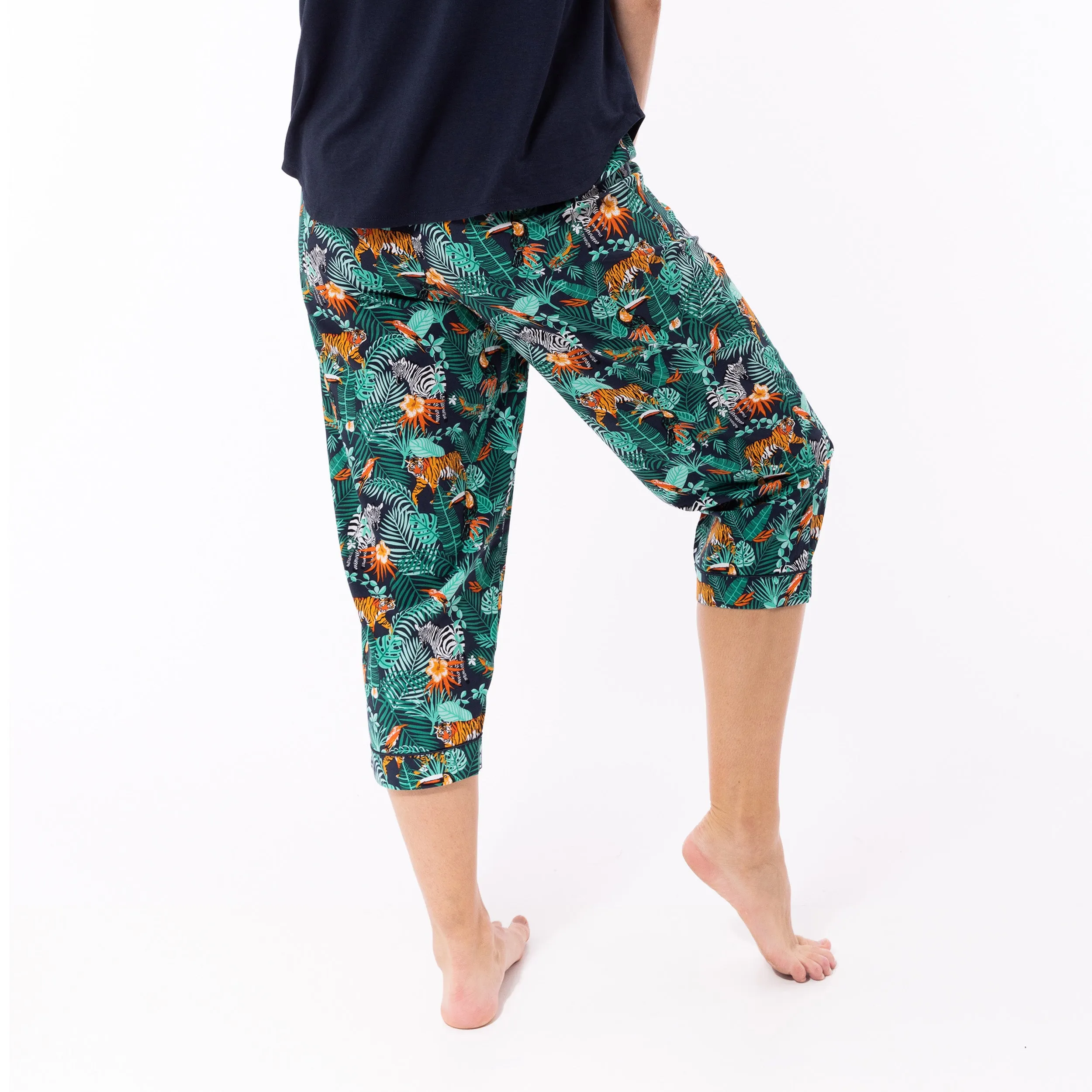 Women's Dark Jungle Woven Pant and Knit Tee Pyjama Set - Navy
