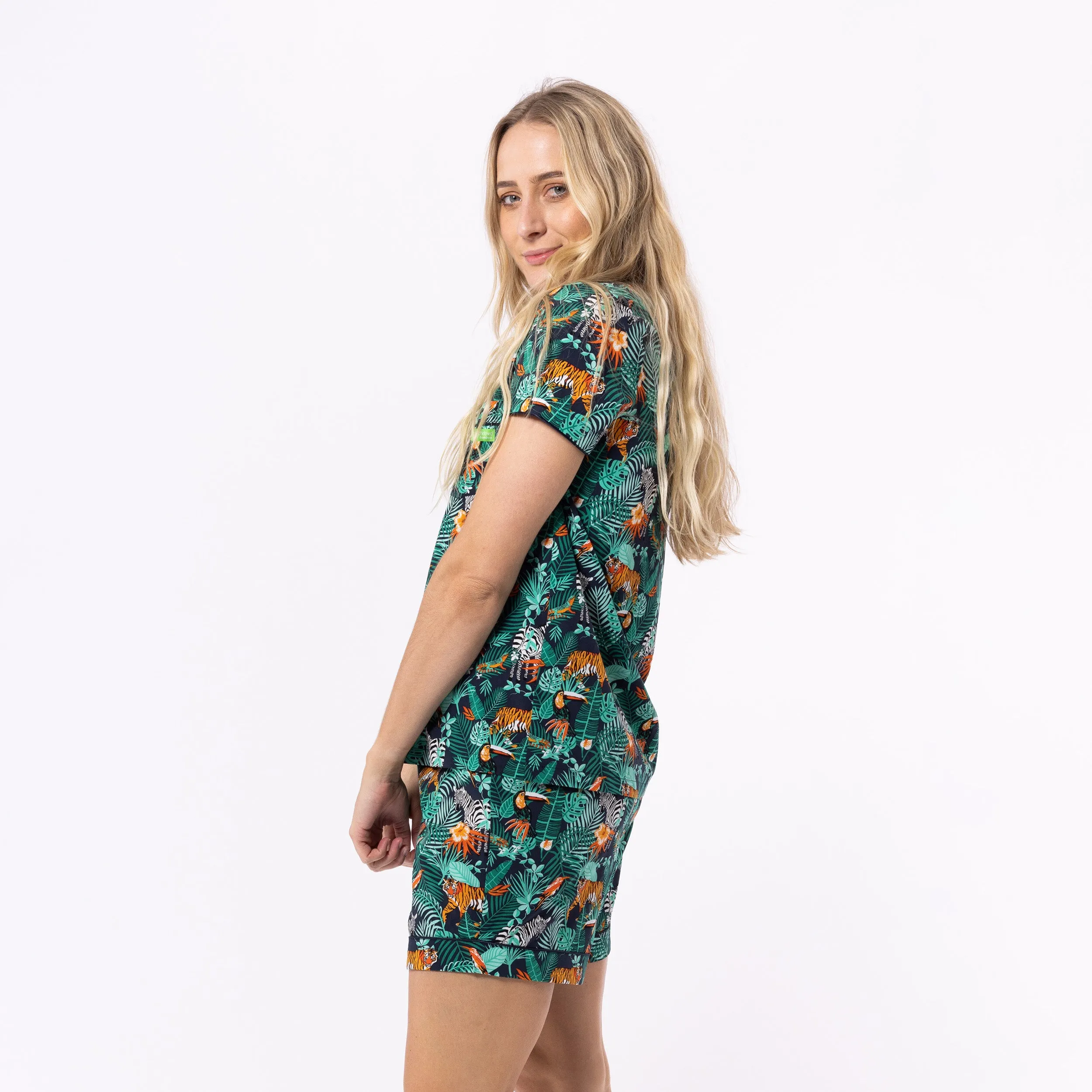 Women's Dark Jungle Woven Shortie Pyjama Set - Green