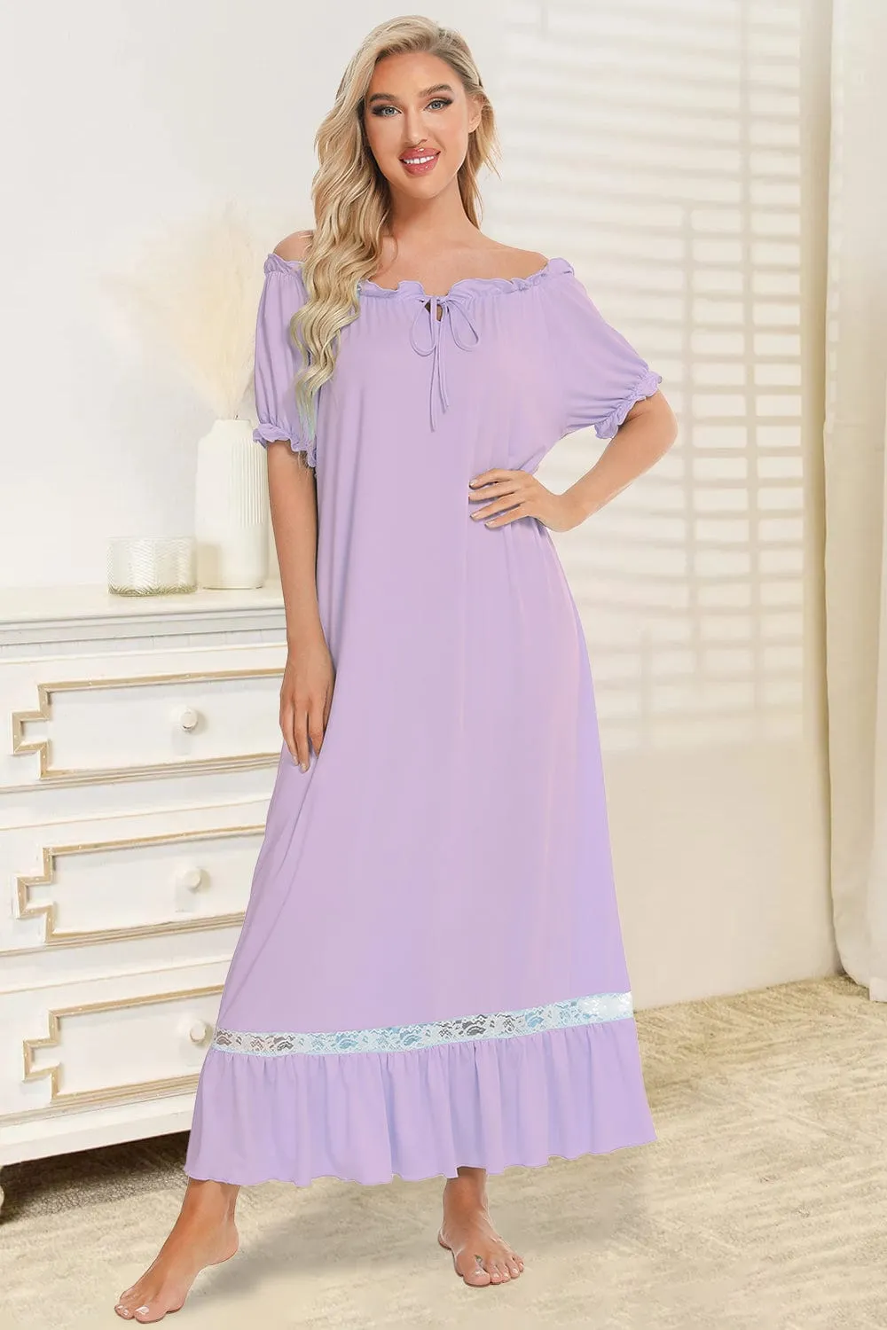 Women's Lace Detail Short-Sleeved Lounging Nightgown