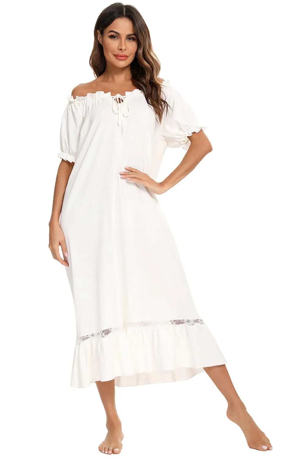 Women's Lace Detail Short-Sleeved Lounging Nightgown