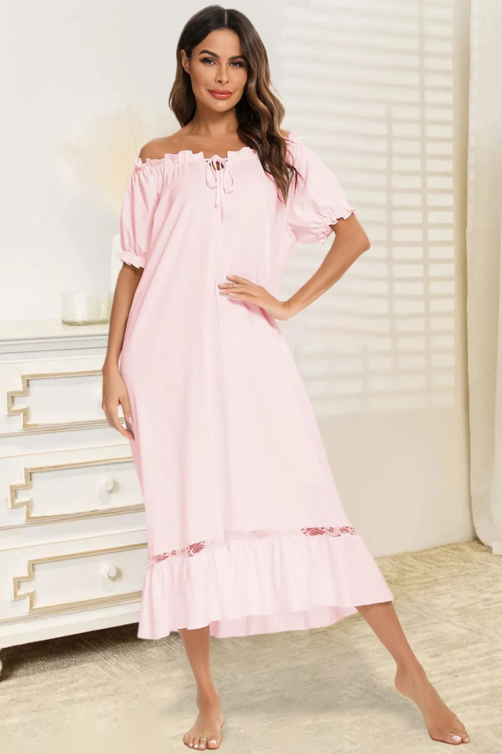 Women's Lace Detail Short-Sleeved Lounging Nightgown
