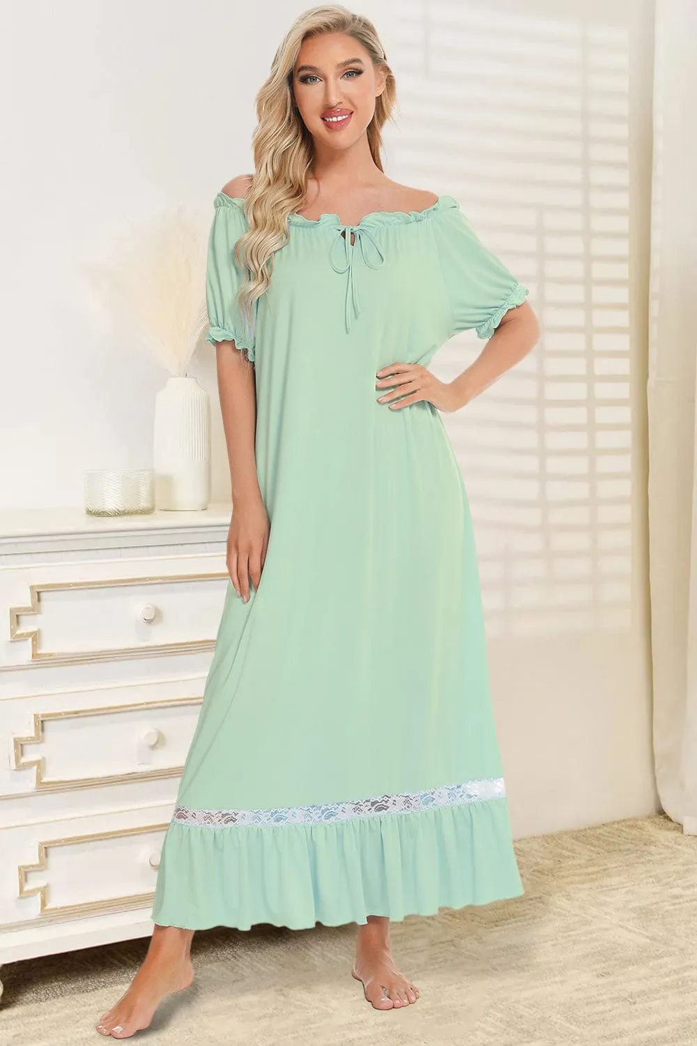 Women's Lace Detail Short-Sleeved Lounging Nightgown