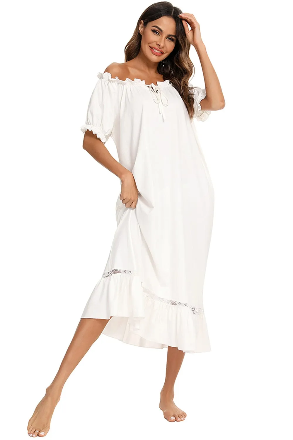 Women's Lace Detail Short-Sleeved Lounging Nightgown