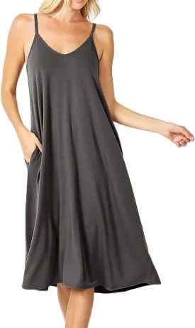 Womens Lightweight Flowy Summer Dress  Adjustable Strap Knee Length Dress with Side Pockets. Casual, Beachwear