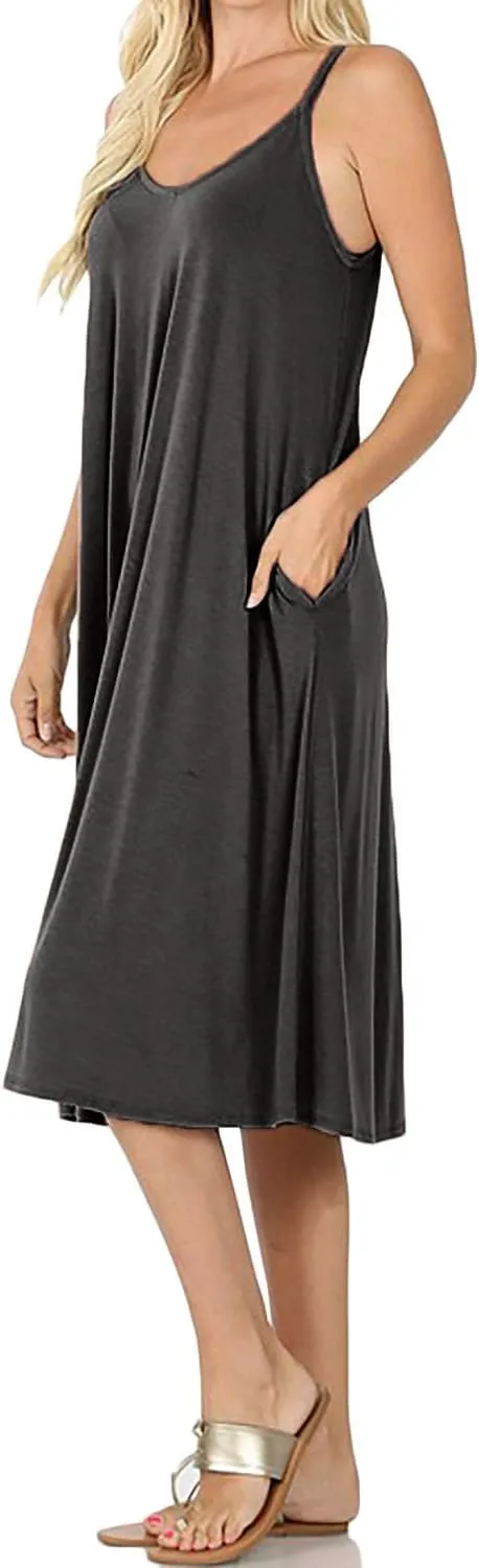 Womens Lightweight Flowy Summer Dress  Adjustable Strap Knee Length Dress with Side Pockets. Casual, Beachwear