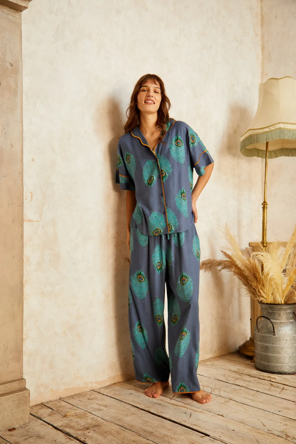 Womens Linen Mix Oversize Scallop Pyjamas Navy Peacock Feather