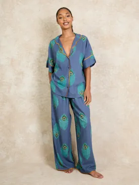 Womens Linen Mix Oversize Scallop Pyjamas Navy Peacock Feather