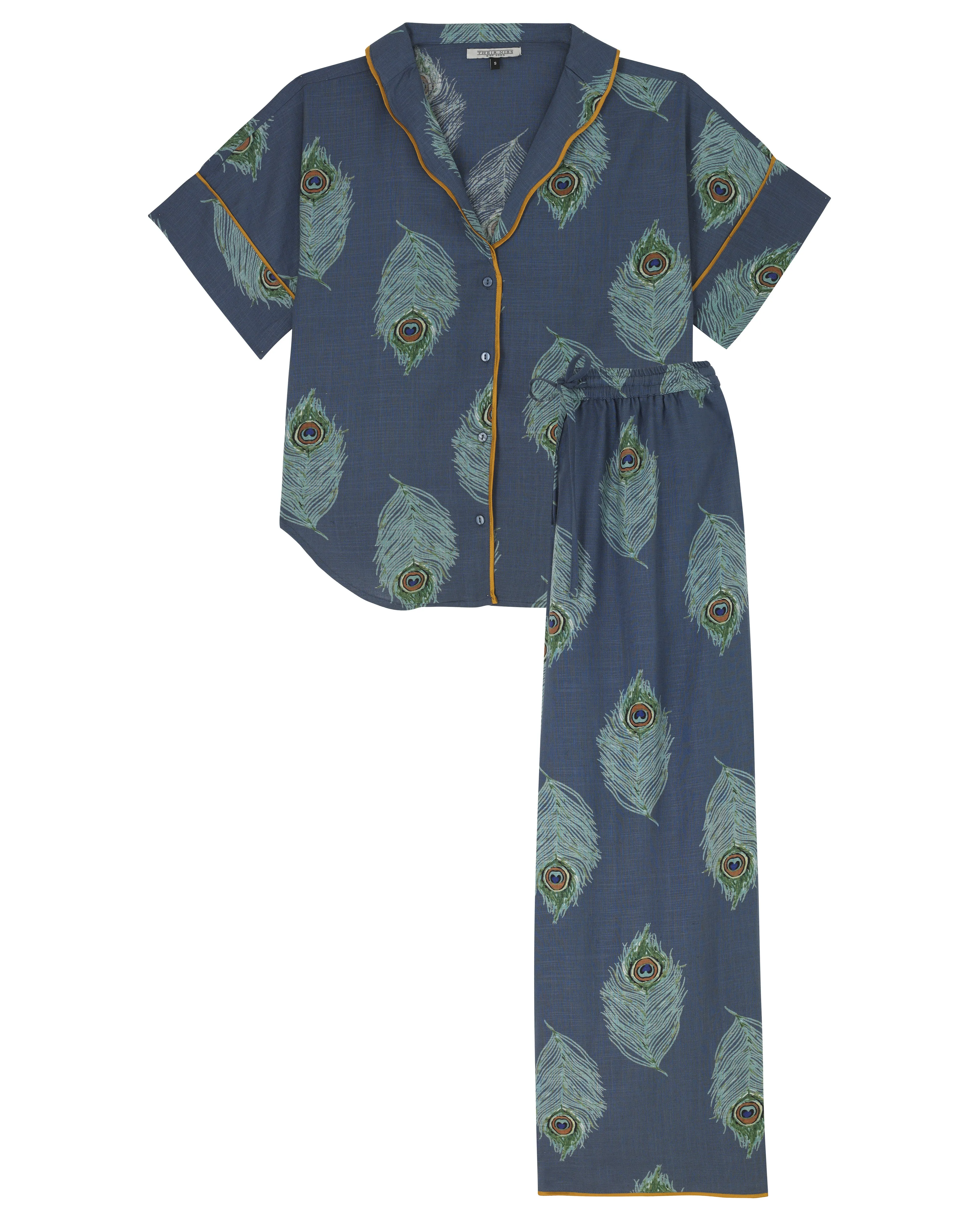 Womens Linen Mix Oversize Scallop Pyjamas Navy Peacock Feather