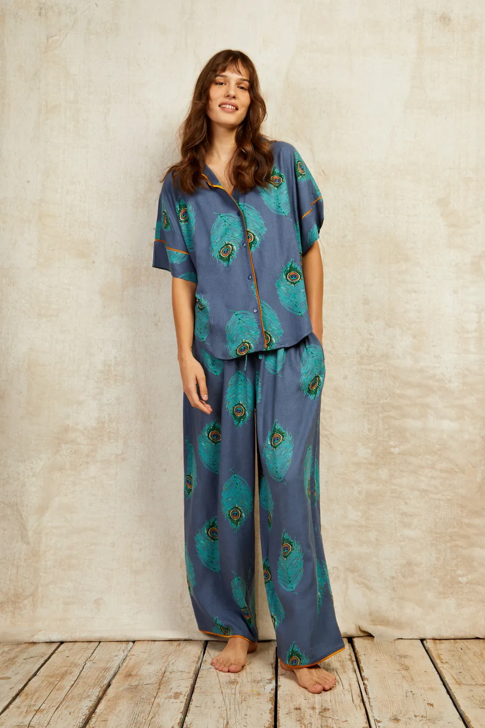 Womens Linen Mix Oversize Scallop Pyjamas Navy Peacock Feather