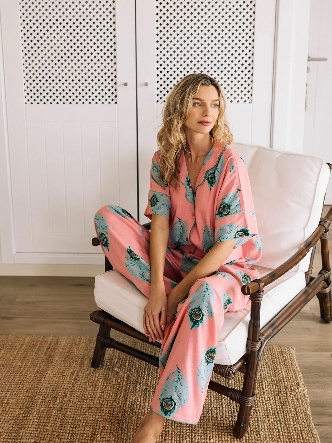 Womens Linen Mix Oversize Scallop Pyjamas Pink Peacock Feather