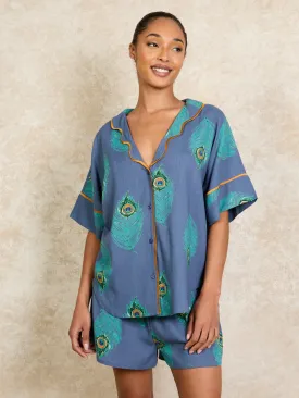 Womens Linen Mix Oversize Scallop Shortie Pyjamas Navy Peacock