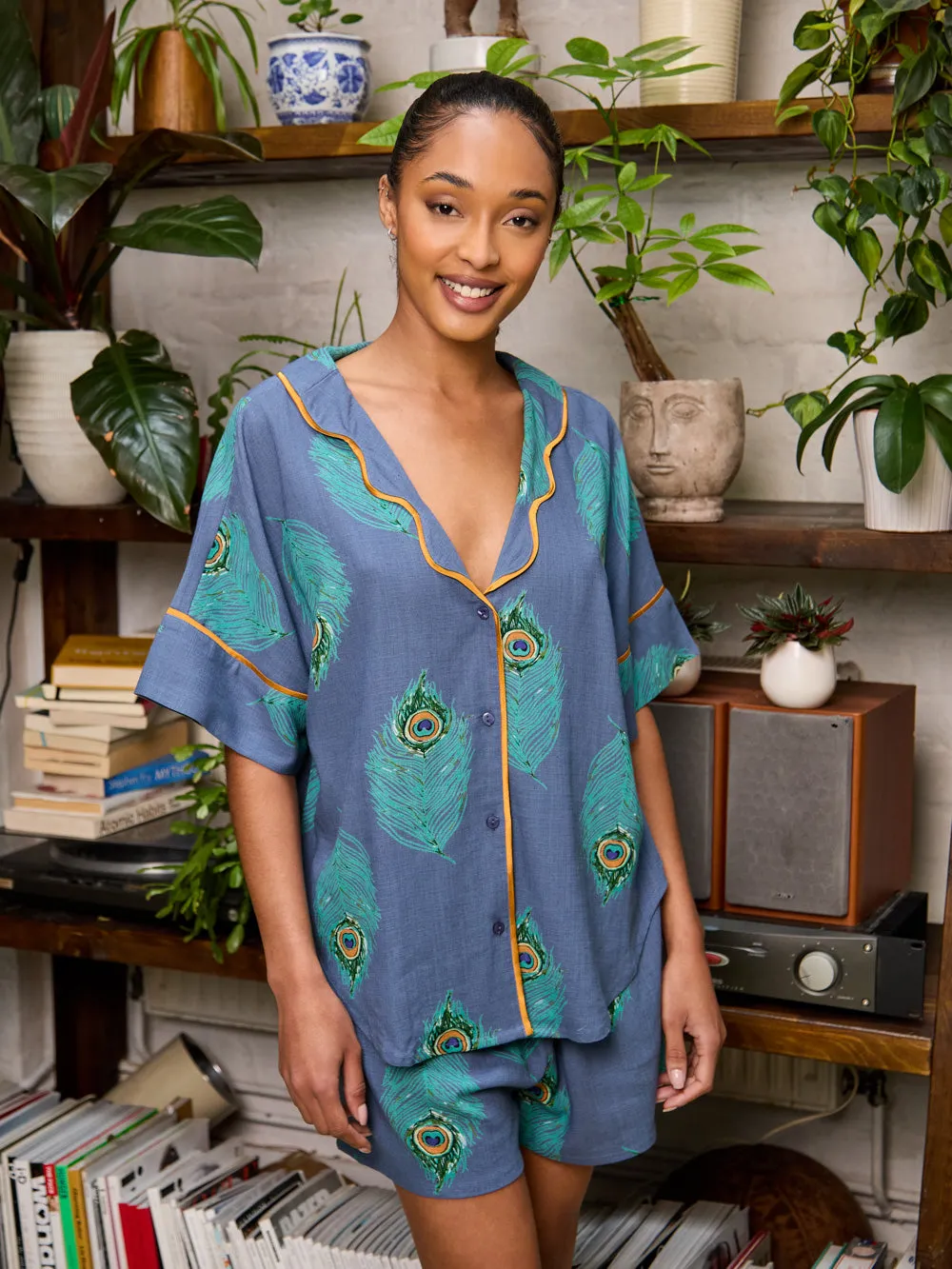 Womens Linen Mix Oversize Scallop Shortie Pyjamas Navy Peacock