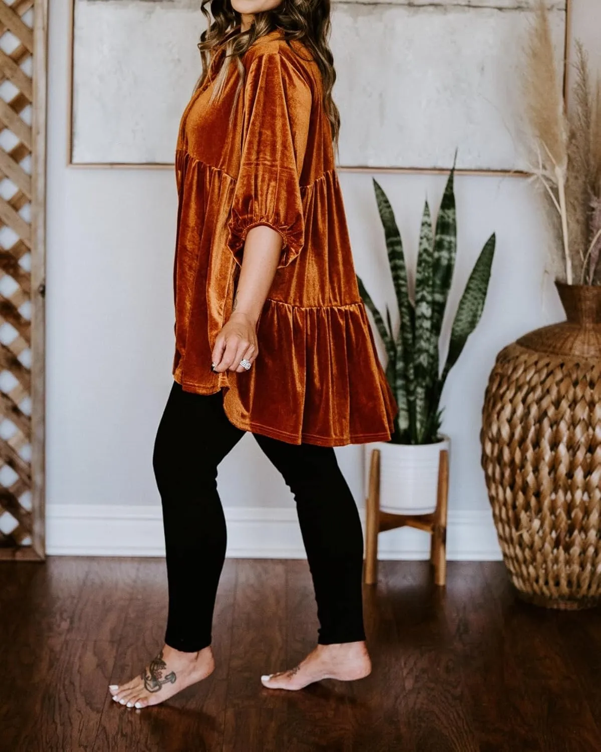 Womens Velvet Dress Button Down T Shirt 3/4 Sleeve Tunic Dresses Casual Babydoll Mini Dress