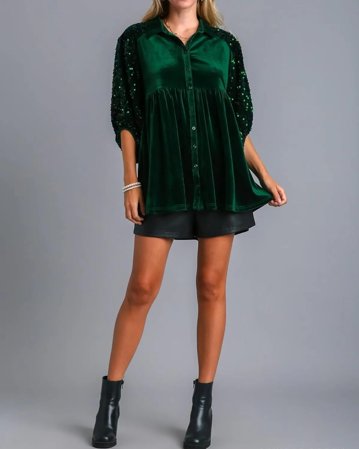 Womens Velvet Dress Button Down T Shirt 3/4 Sleeve Tunic Dresses Casual Babydoll Mini Dress