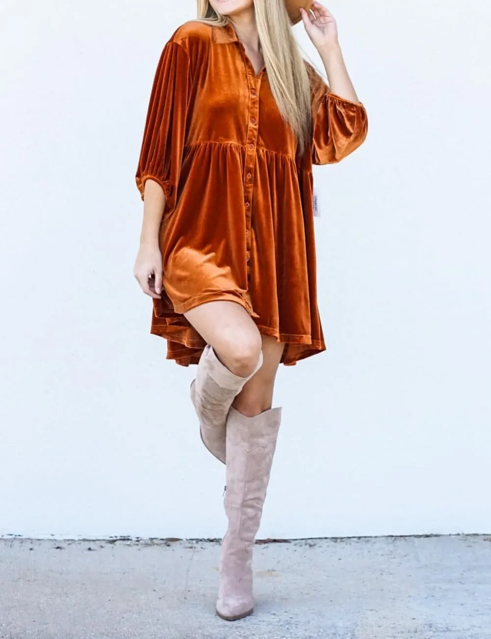 Womens Velvet Dress Button Down T Shirt 3/4 Sleeve Tunic Dresses Casual Babydoll Mini Dress