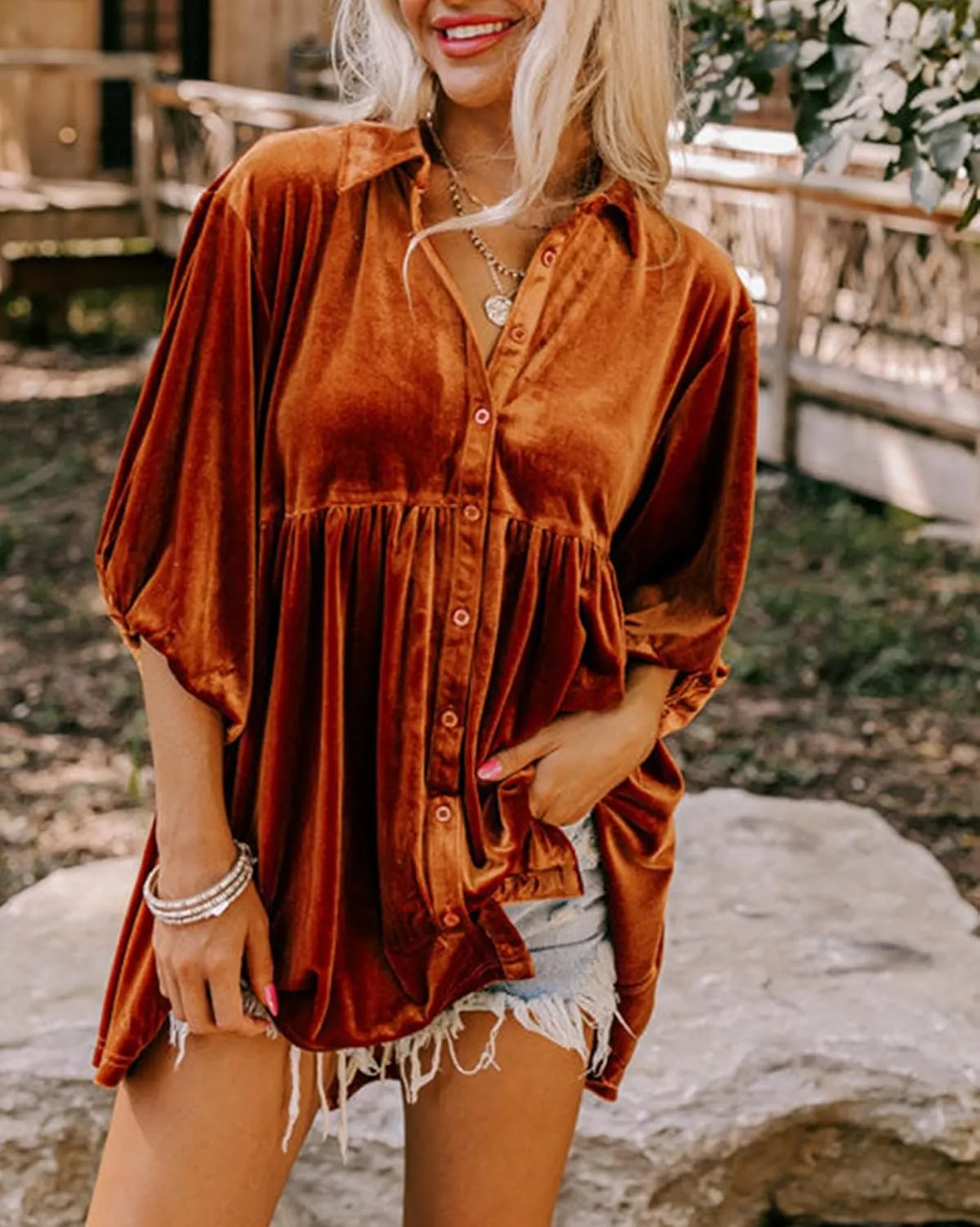 Womens Velvet Dress Button Down T Shirt 3/4 Sleeve Tunic Dresses Casual Babydoll Mini Dress