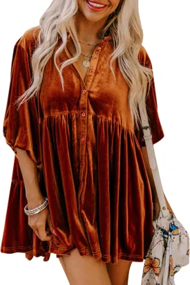 Womens Velvet Dress Button Down T Shirt 3/4 Sleeve Tunic Dresses Casual Babydoll Mini Dress