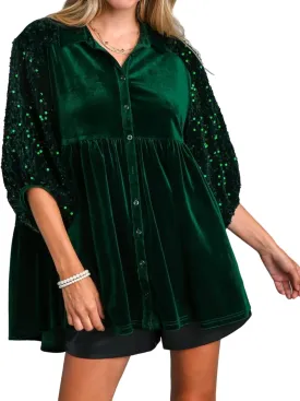 Womens Velvet Dress Button Down T Shirt 3/4 Sleeve Tunic Dresses Casual Babydoll Mini Dress
