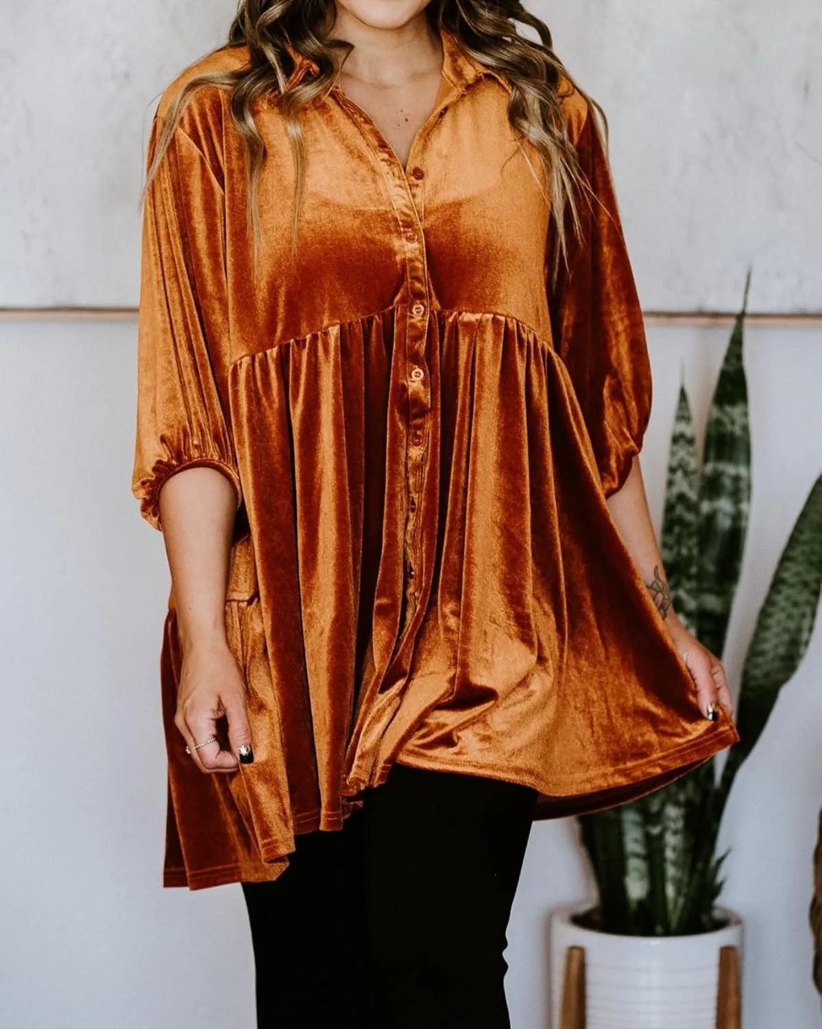 Womens Velvet Dress Button Down T Shirt 3/4 Sleeve Tunic Dresses Casual Babydoll Mini Dress