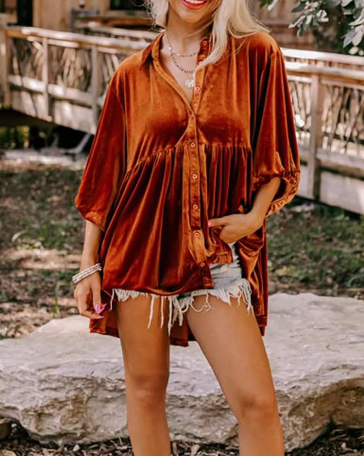 Womens Velvet Dress Button Down T Shirt 3/4 Sleeve Tunic Dresses Casual Babydoll Mini Dress