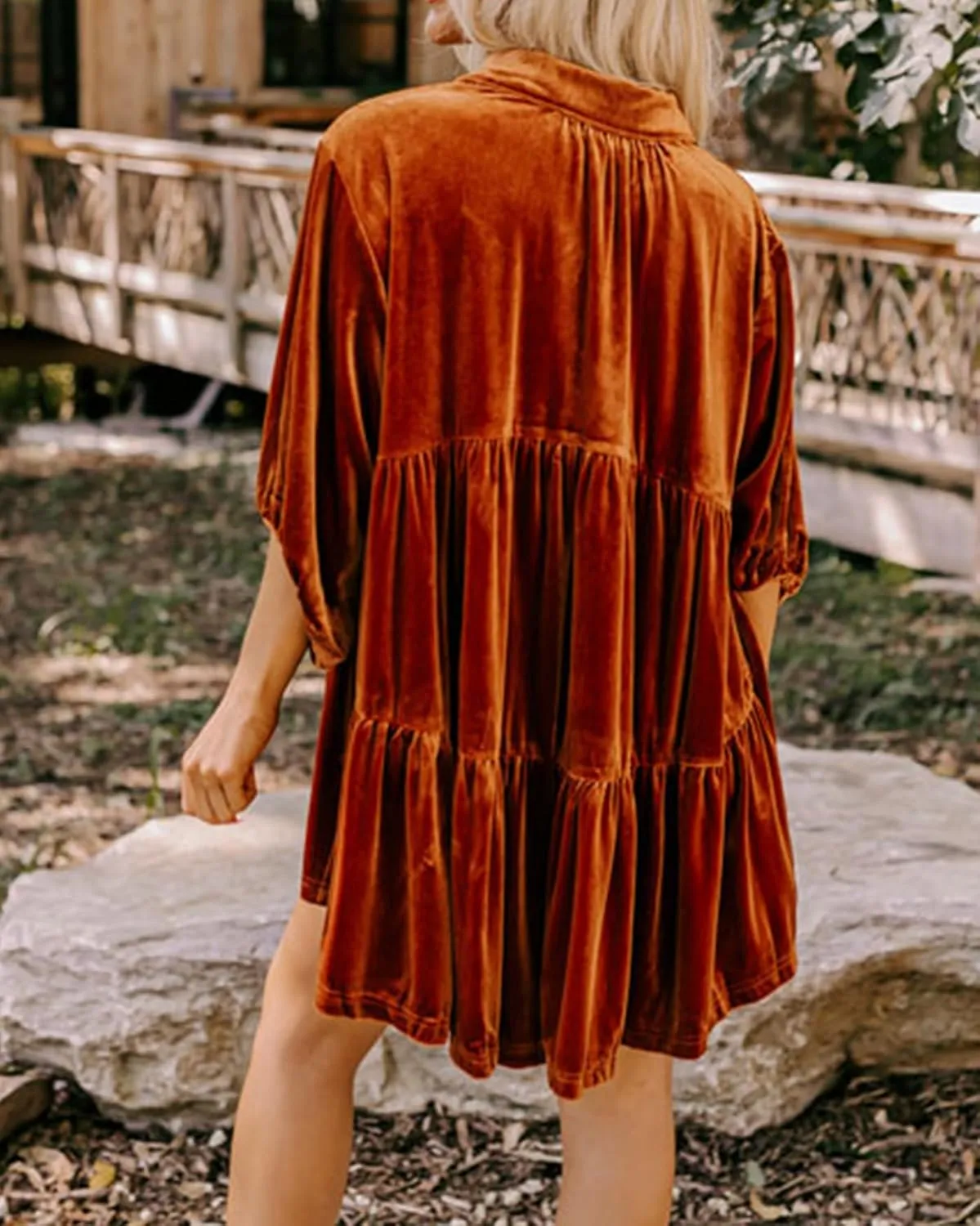 Womens Velvet Dress Button Down T Shirt 3/4 Sleeve Tunic Dresses Casual Babydoll Mini Dress