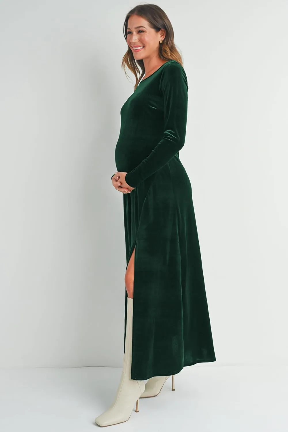 Womens Velvet Round Neck Long Sleeve Side Slit Maternity Maxi Dress