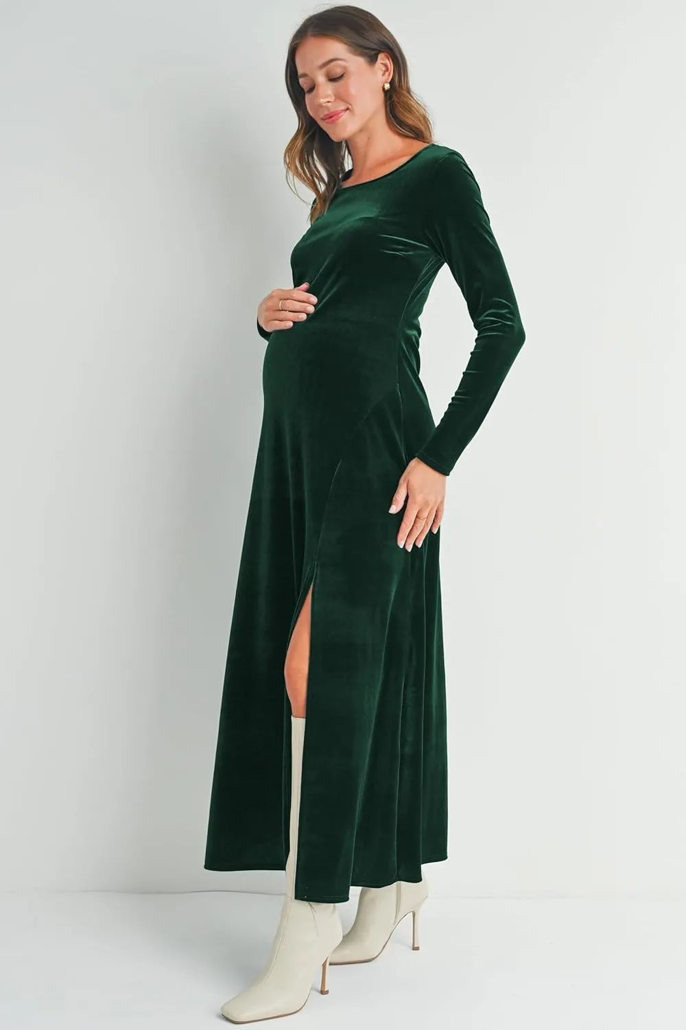 Womens Velvet Round Neck Long Sleeve Side Slit Maternity Maxi Dress