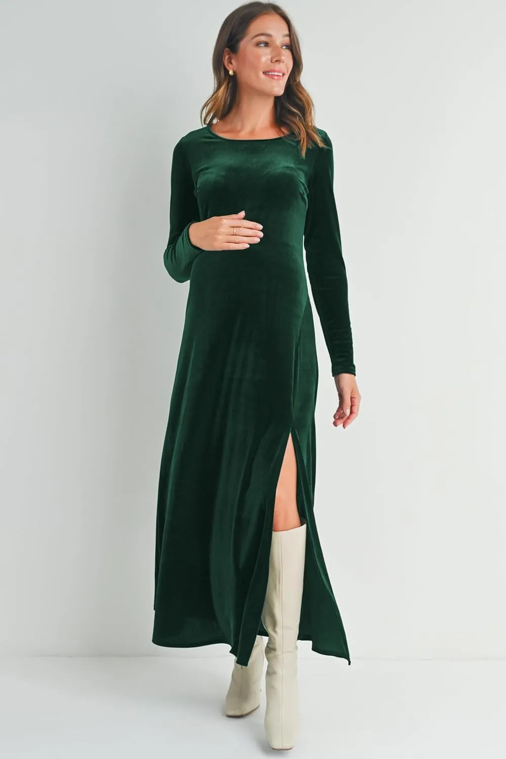 Womens Velvet Round Neck Long Sleeve Side Slit Maternity Maxi Dress