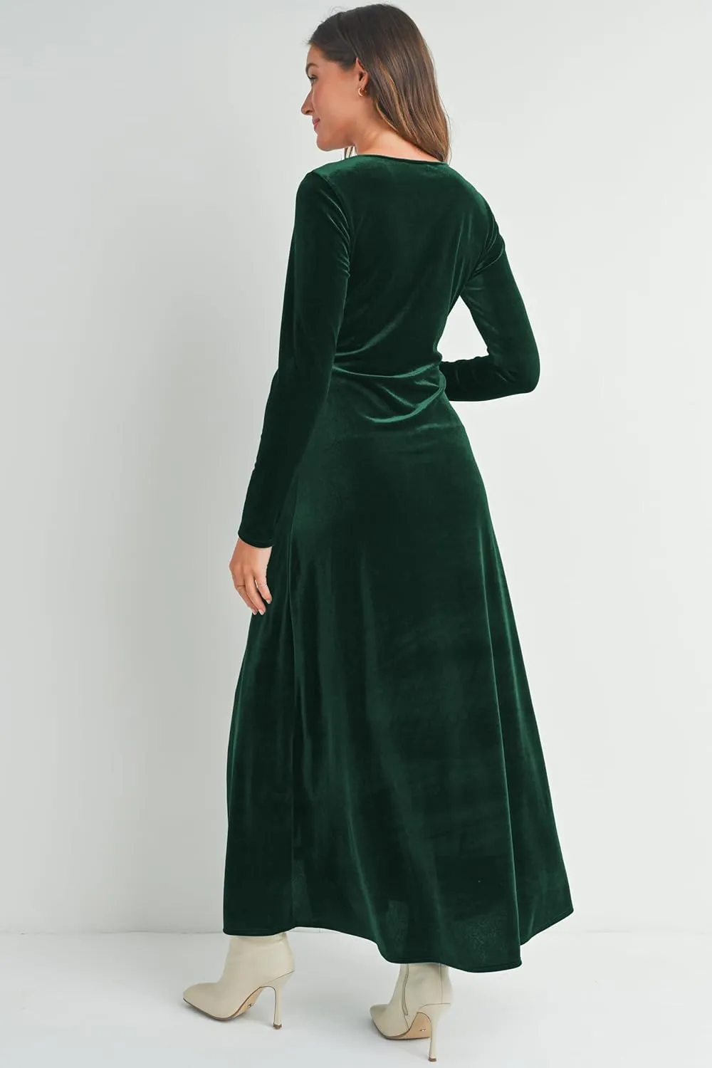 Womens Velvet Round Neck Long Sleeve Side Slit Maternity Maxi Dress
